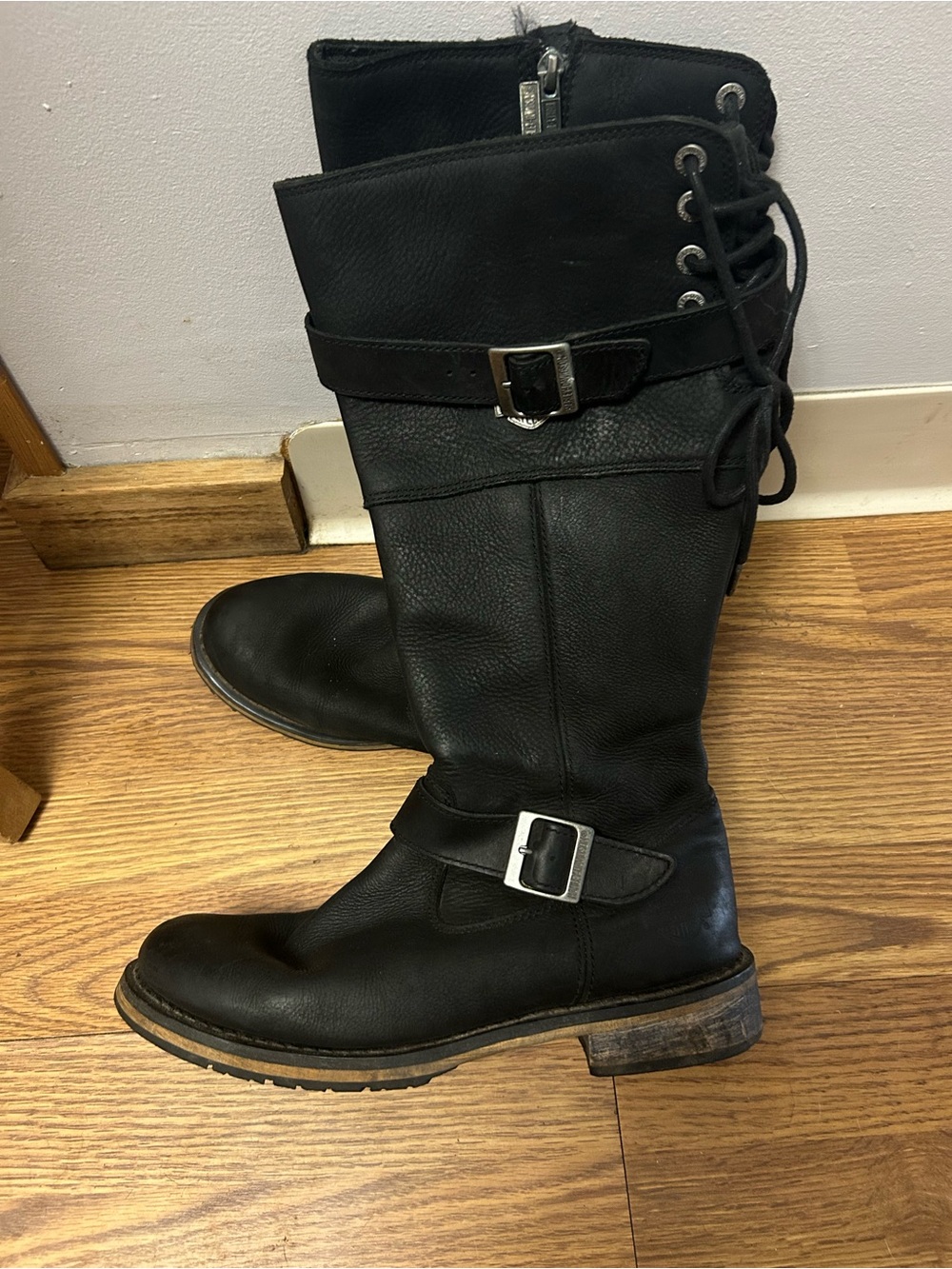 Harley-Davidson Black Leather Knee-High Moto Boots with Buckles